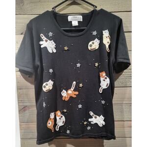 Lisa International Vintage Black Medium T-Shirt Cats and Stars Scoop Neck